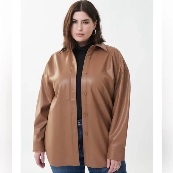 New Joseph Ribkoff | Tan Beige Button Down Vegan Leather Faux Leather Overshirt - Picture 2 of 9